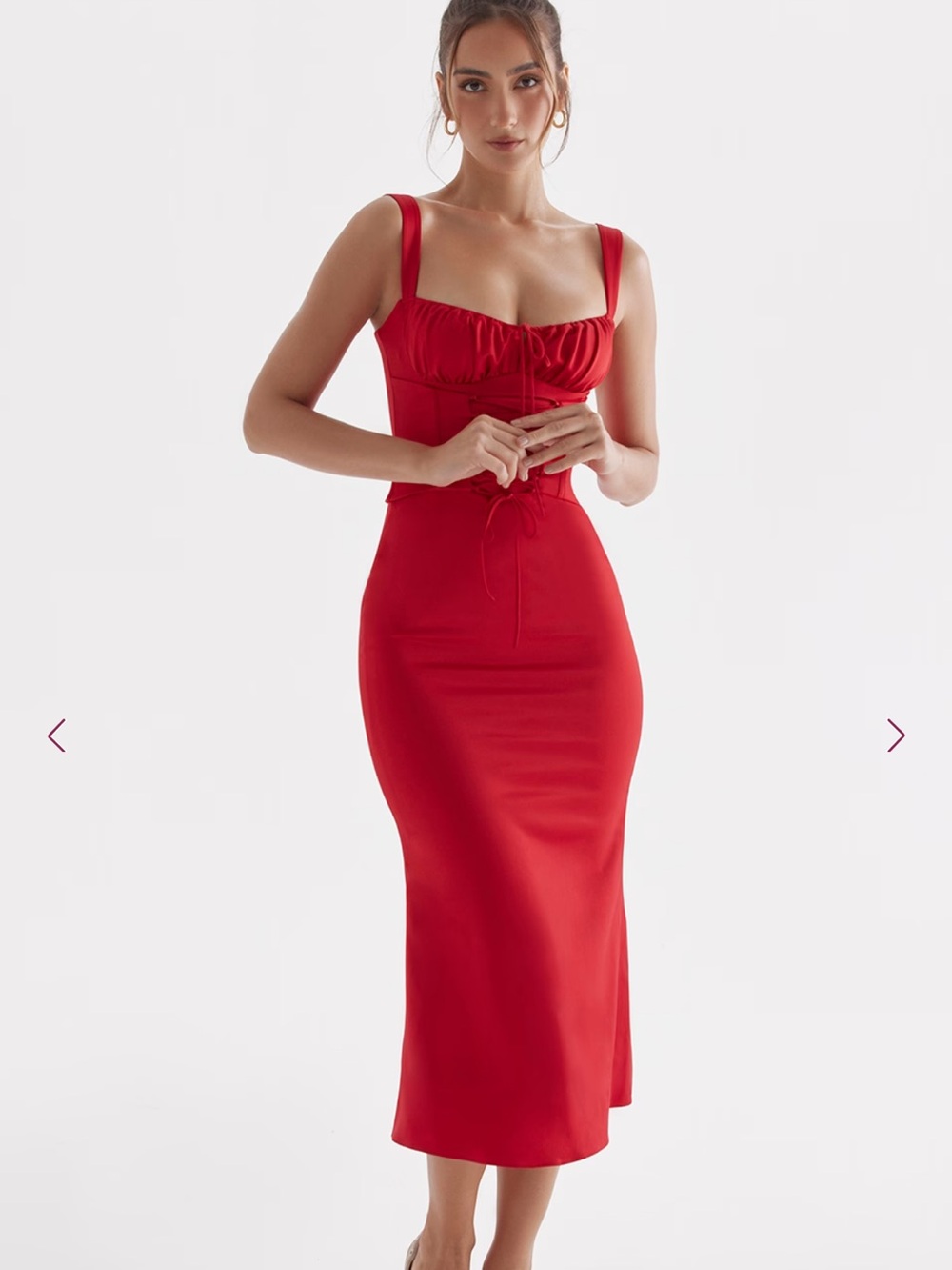 House of CB Red Square-Neck Midi Dress with Tie Detail